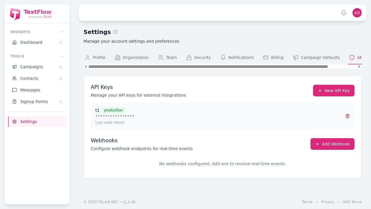 API & Integrations Settings Tab