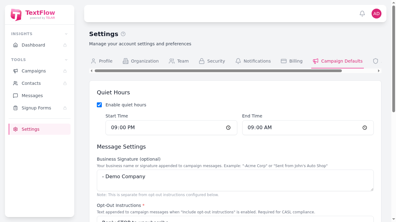 Campaign Defaults Settings Tab