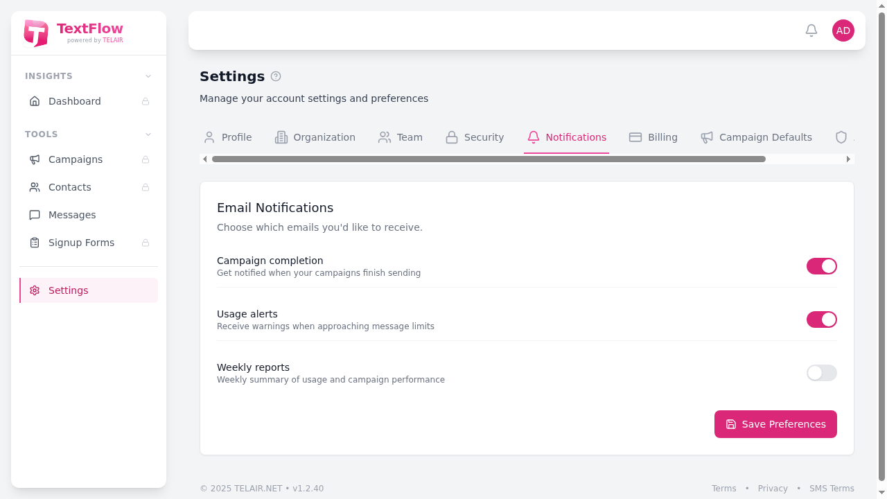 Notifications Settings Tab