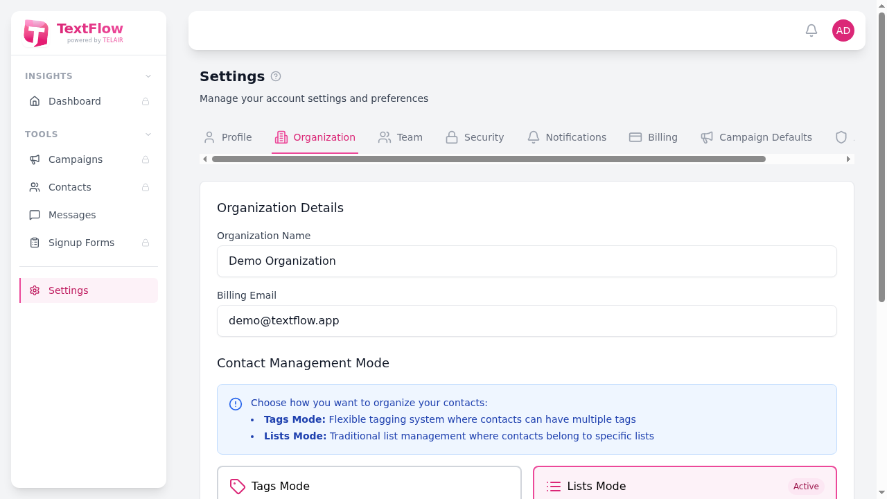 Organization Settings Tab